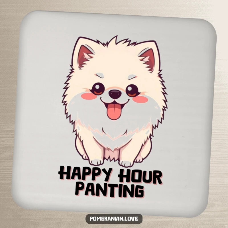 Funny Pomeranian happy pant drink coaster, a cheerful dog with tongue out, panting happily, adding humor.