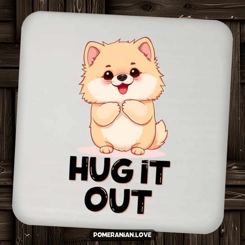 Funny Pomeranian coaster featuring an eager dog yapping and begging for a hug. Protects surfaces with a touch of humor and affectionate canine charm.