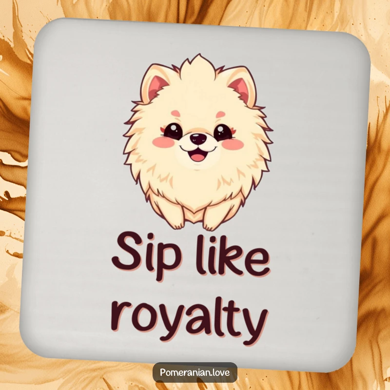 Funny drink coaster displaying a smiling Pomeranian with a fluffy mane, adding a touch of canine charm.