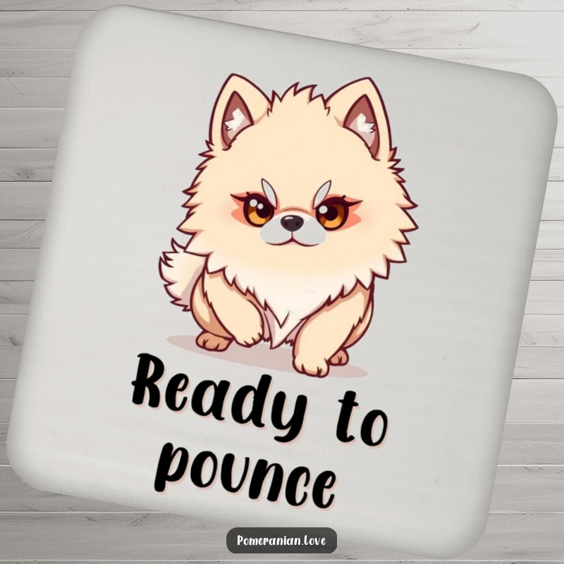 Funny Pomeranian dog character with a determined gaze, ready to pounce, bringing focused energy to protect surfaces on these coasters.