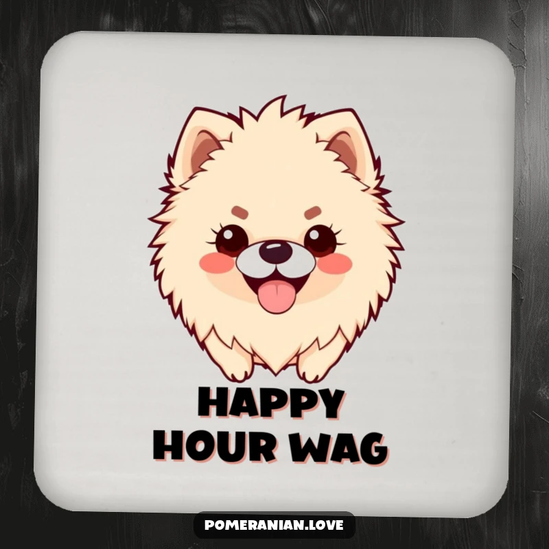 Funny drink coasters featuring a fluffy Pomeranian with a happy panting smile, adding joy and protection.