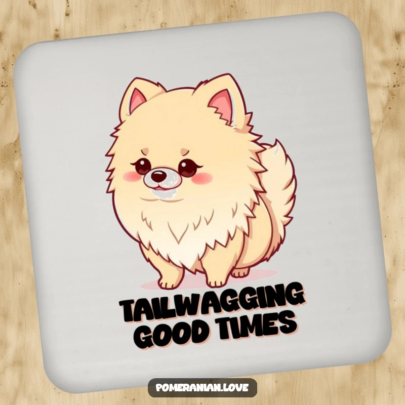 Funny drinking coaster featuring a proud Pomeranian dog with fluffy fur wagging its tail joyfully, embodying pure happiness.