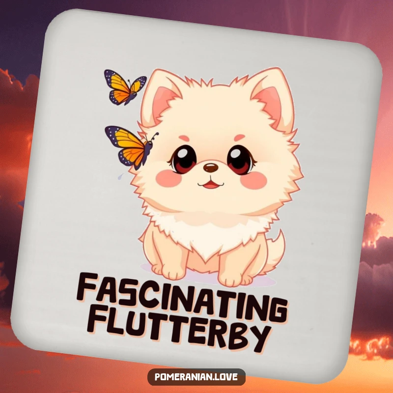 Funny Pomeranian coaster featuring a dog with wide eyes watching a butterfly. Protects surfaces with a touch of wonder and charming canine imagery.