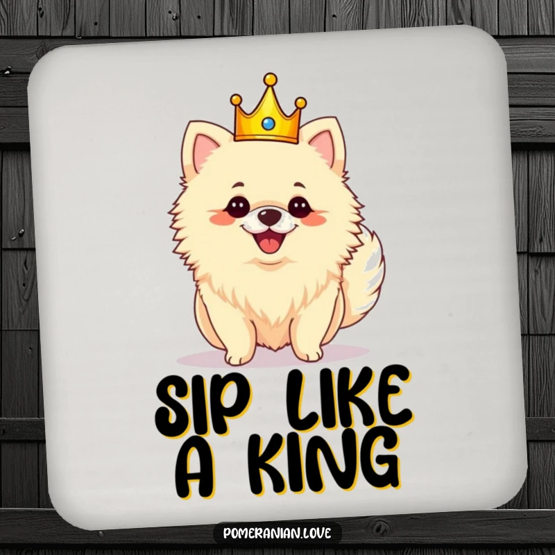 Funny royal Pomeranian drink coaster featuring a crowned dog shaking its fluffy tail with pure glee.