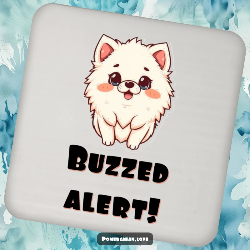 Funny surprised Pomeranian coasters, a set showcasing a hilariously shocked dog face, perfect for a funny gift.