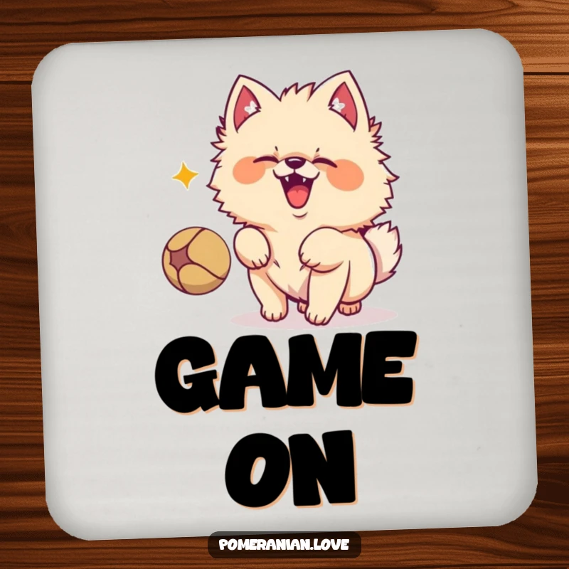 Funny Pomeranian dog character energetically barking at a bouncing ball, bringing playful energy to protect surfaces on these coasters.