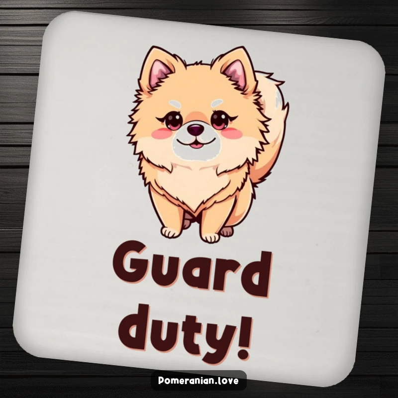 Funny alert Pomeranian coasters, a set showcasing an attentive dog, perfect funny gift.