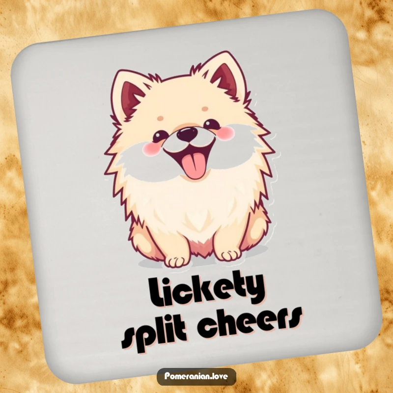 Funny drink coaster displaying a happy Pomeranian with its tongue sticking out, adding a touch of canine cheer.