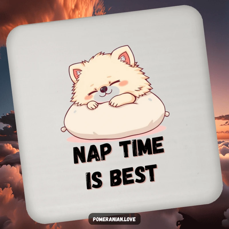 Funny Pomeranian coaster featuring a content dog napping on a cushion. Protects surfaces with a touch of humor and adorable dog imagery.