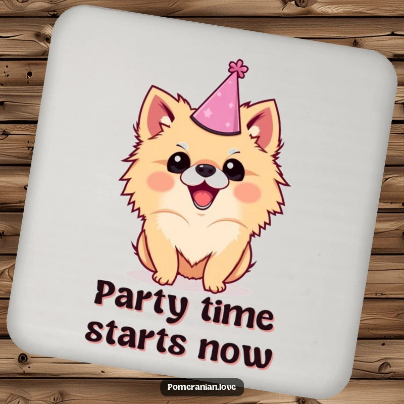 Funny Pomeranian coaster with a dog in a party hat, protecting surfaces with canine charm and humor.