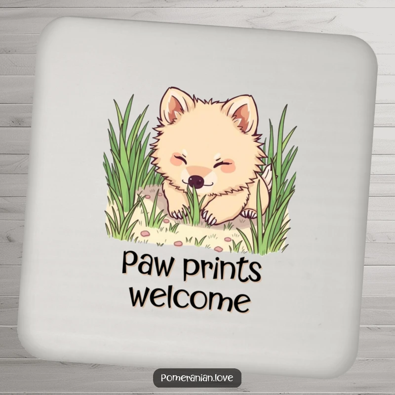 Funny Pomeranian coasters, a dog playfully digging its nose into grass, adding humor to drink protection.