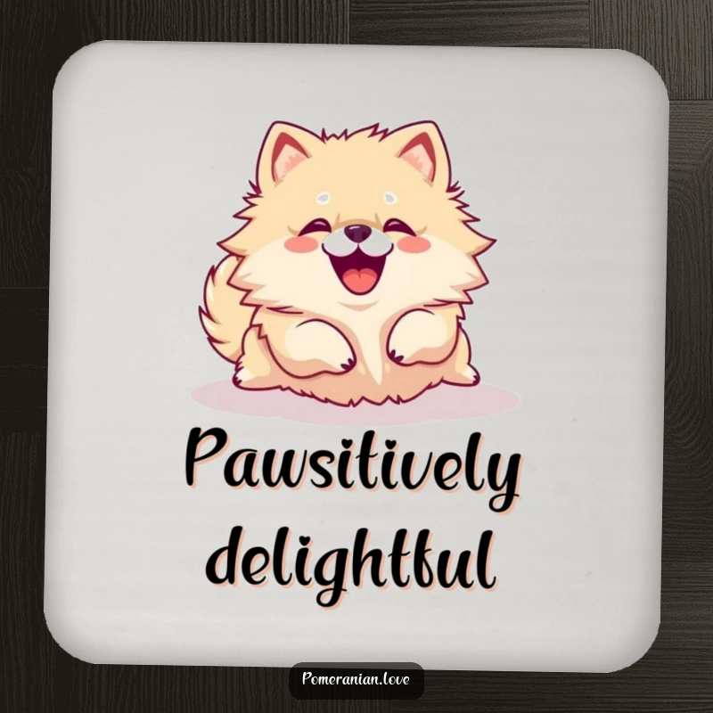 Funny Pomeranian dog rolling over with a joyful yip on a protective drink coaster, adding humor.
