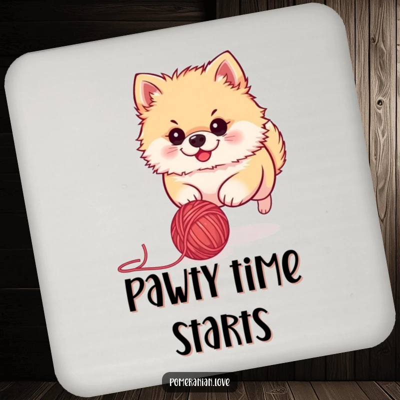 Funny Pomeranian coaster with a cute dog intensely chasing a rolling ball of yarn, protecting surfaces with humor and style.
