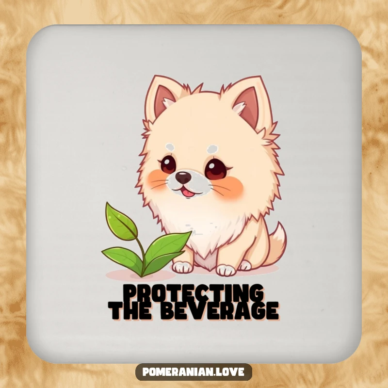 Funny drinking coaster featuring a Pomeranian dog with fuzzy ears barking enthusiastically at a single floating leaf.