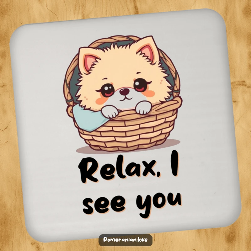 Funny Pomeranian Coaster: A Pomeranian with wide, expressive eyes peeking from a cozy basket, adding a touch of canine cuteness and surface protection.