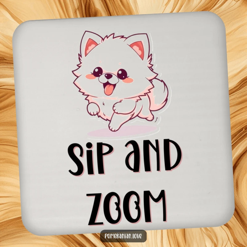 Funny Coaster: A fluffy Pomeranian character running with its tongue out, protecting surfaces with charm.