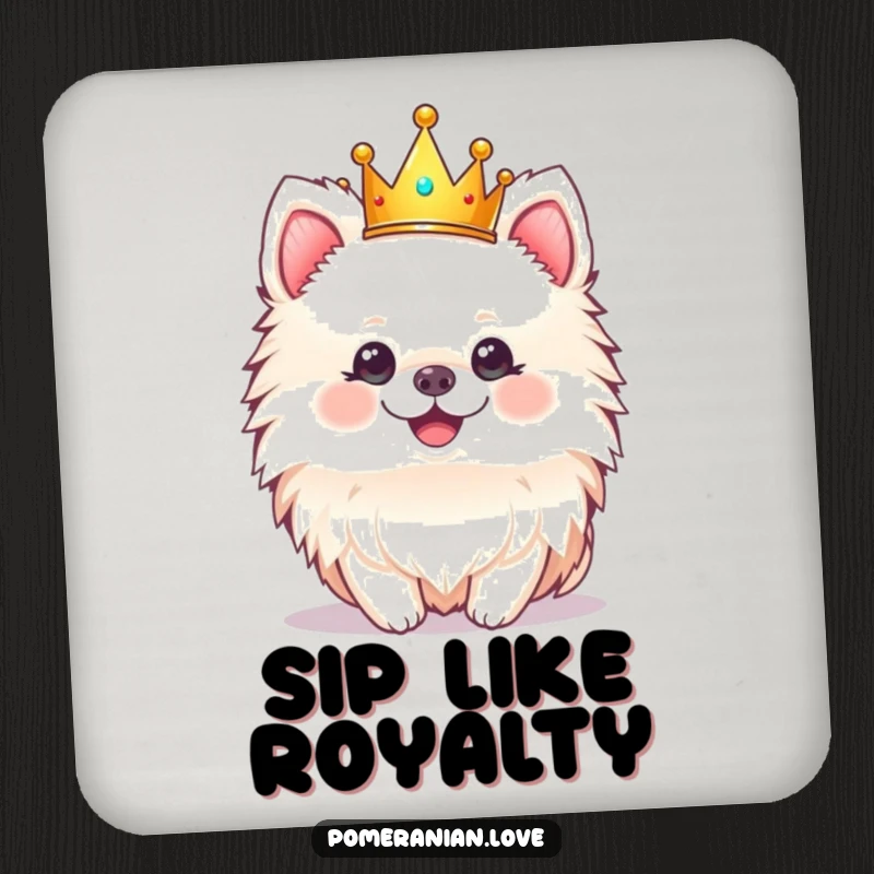 Funny drink coaster with a cheerful Pomeranian dog wearing a crown, protecting surfaces with royal flair.
