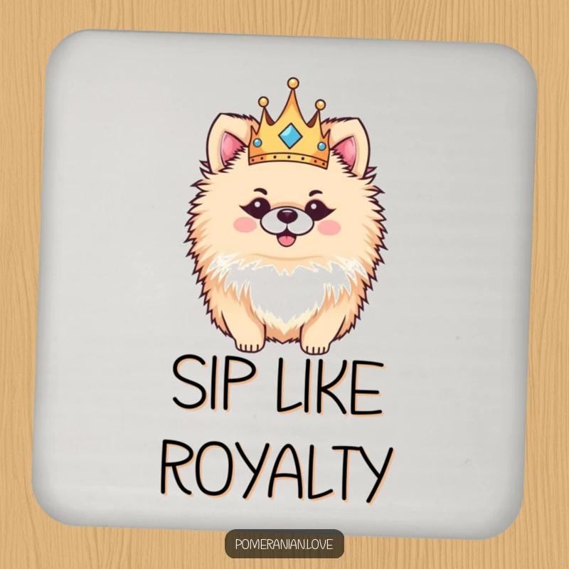 Funny Pomeranian drink coaster, a fluffy dog wearing a tiny crown, looking regal and happy, protecting surfaces with charm.