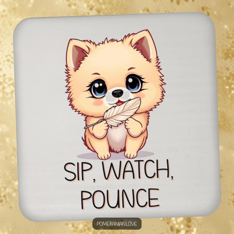 Funny Pomeranian drink coasters showing a dog with big, bright eyes playing with a feather, adding a touch of whimsical fun.