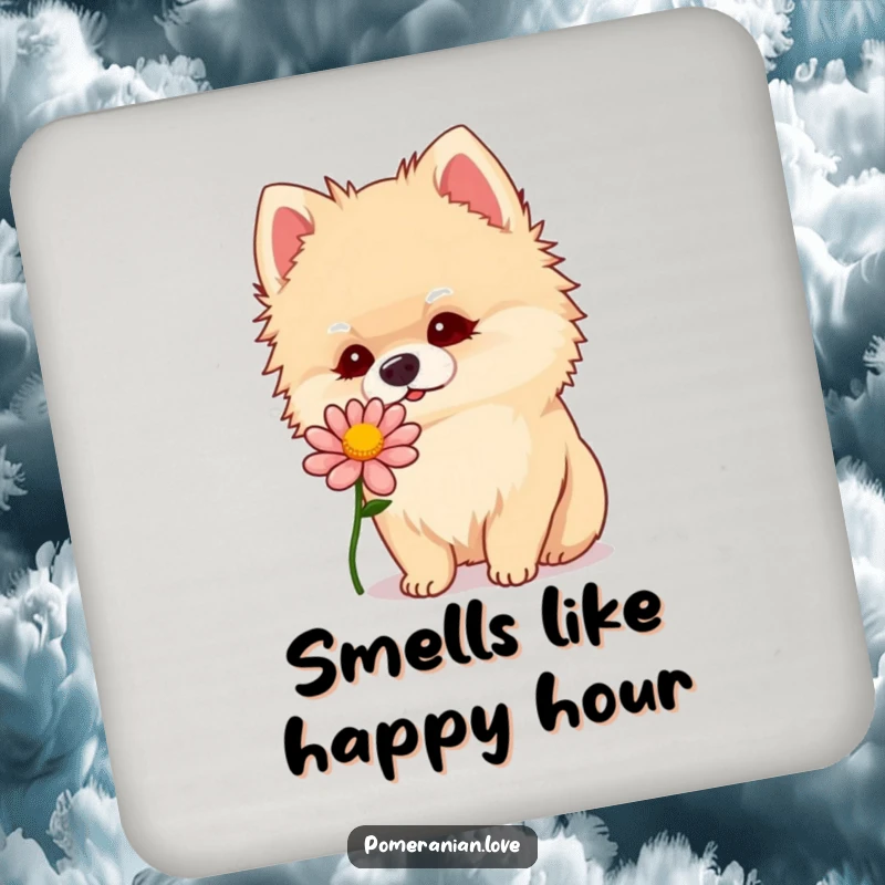 Funny Pomeranian tilting head curiously to sniff a flower, featured on a protective drink coaster.