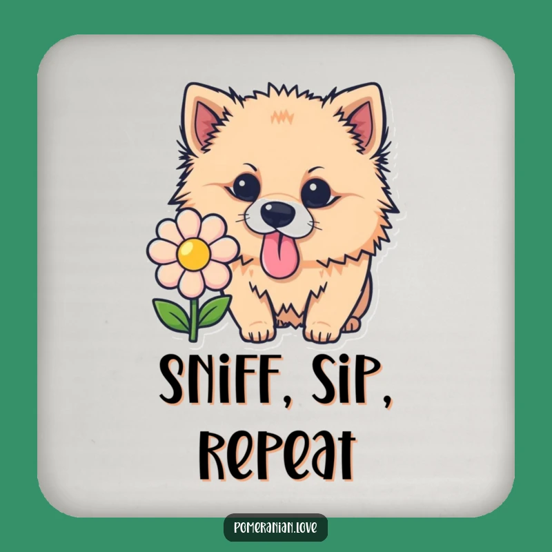 Funny Pomeranian Sniffing Flower Coaster Set: Protect Surfaces with Pup Humor