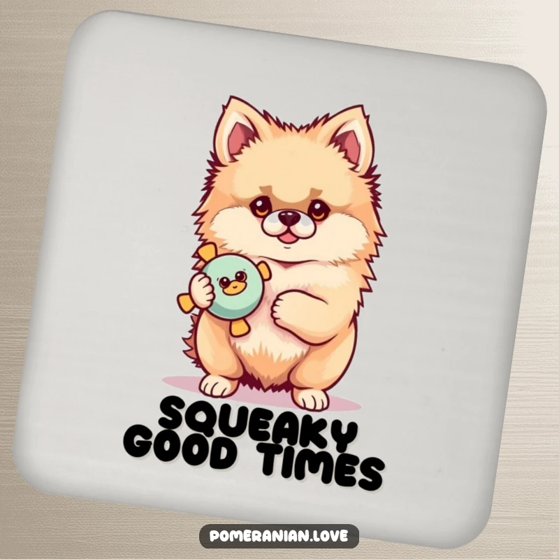 Funny Pomeranian coasters featuring a proud dog holding a squeaky toy, adding humor and protection to any surface.
