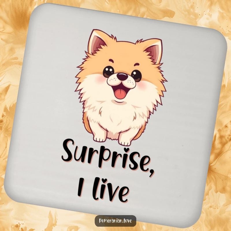 Funny surprised Pomeranian coaster set, wide eyes, open mouth, drink accessory, humorous home decor.