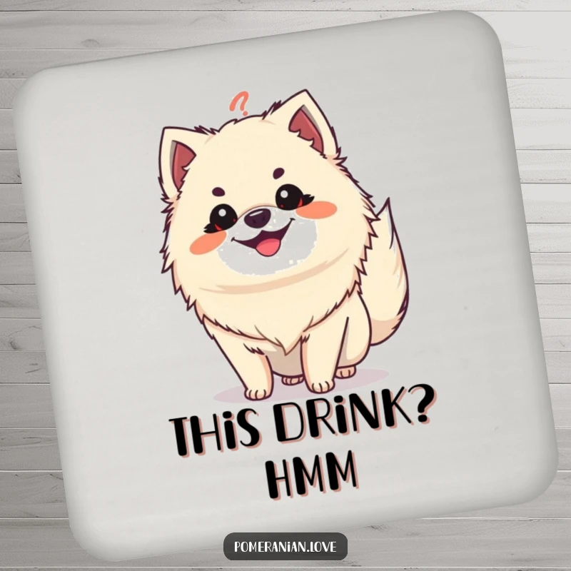 Funny Pomeranian question tail drink coaster, a grinning dog with tail like a question mark, adding humor.