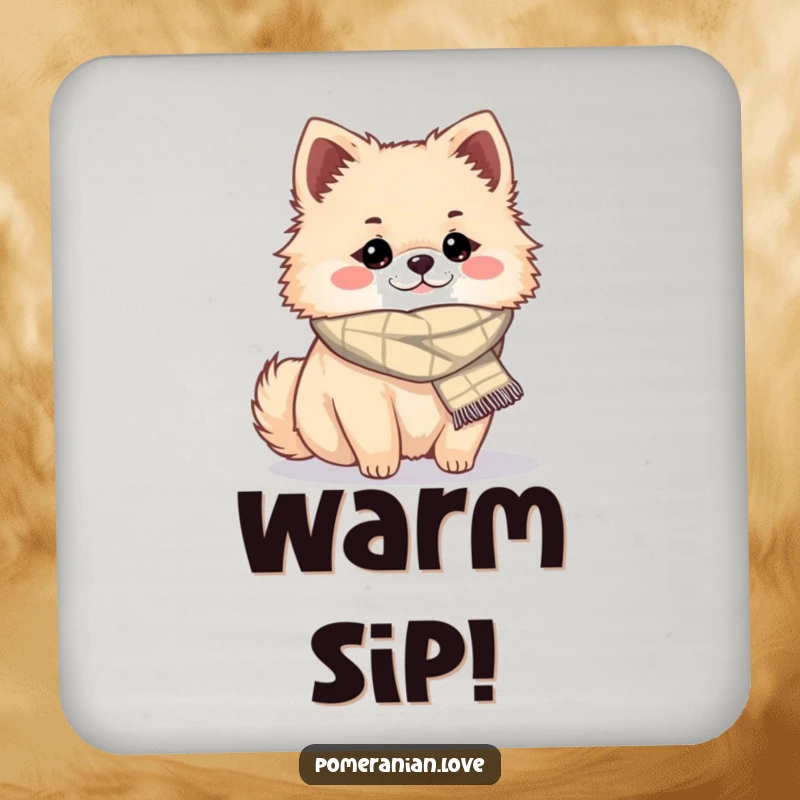 Funny cozy Pomeranian coasters, a set showcasing a dog wearing a scarf, perfect funny gift.