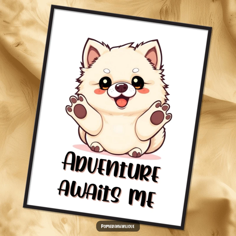 Funny Pomeranian dog with eager paws ready for fetch, captured in a vibrant poster.