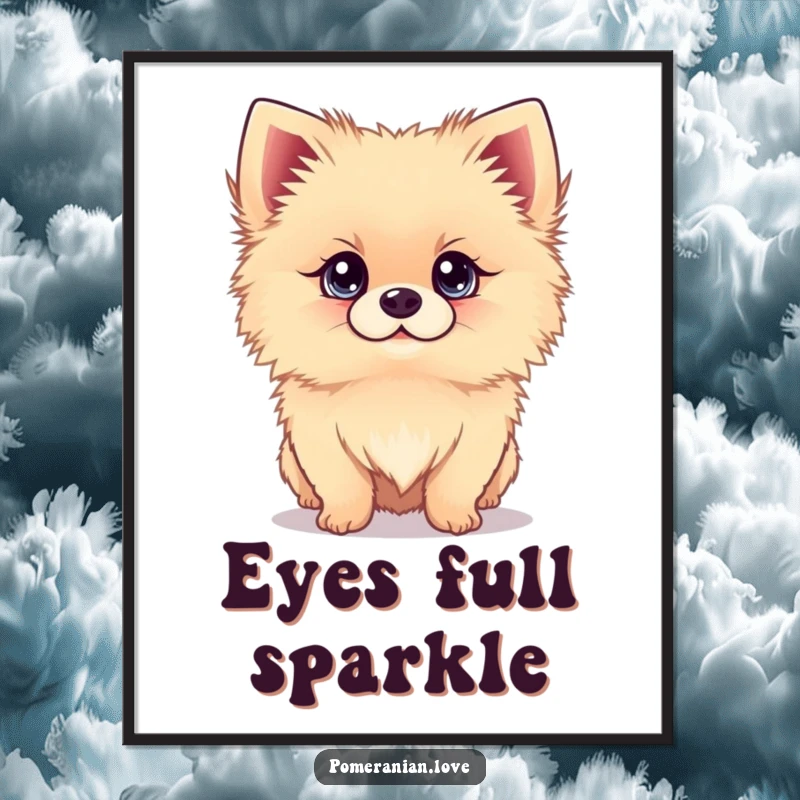 Funny poster art of a Pomeranian dog looking up with bright eyes, bringing heartwarming humor to walls.