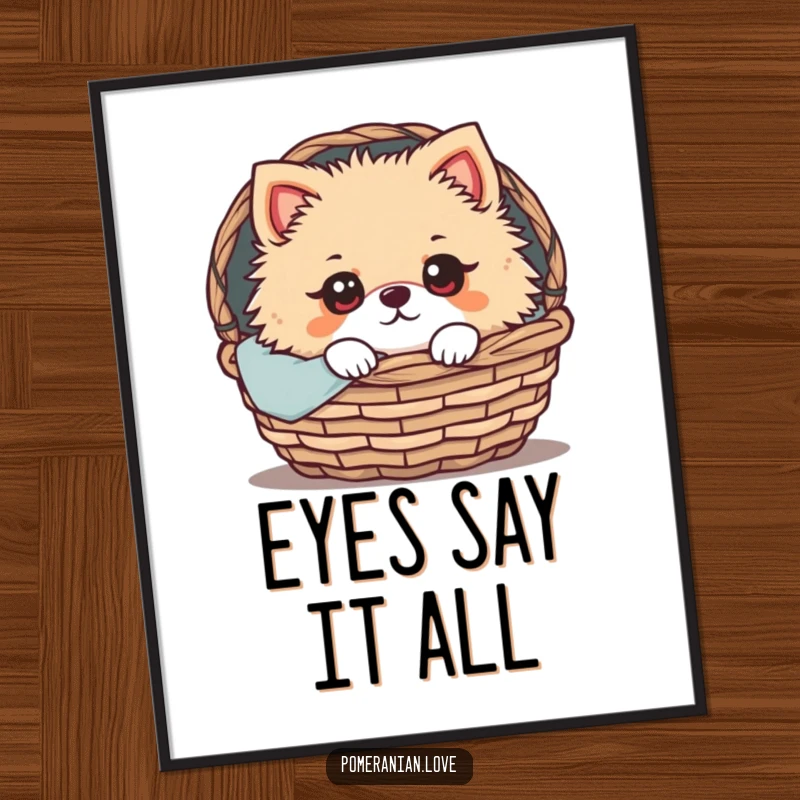 Funny Pomeranian Poster: A heartwarming illustration of a Pomeranian with wide, expressive eyes peeking out from a cozy basket, capturing innocent sweetness and comfort.