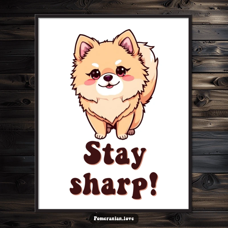 Funny alert Pomeranian poster, a dog with a keen gaze and curled tail, ideal funny wall decor.