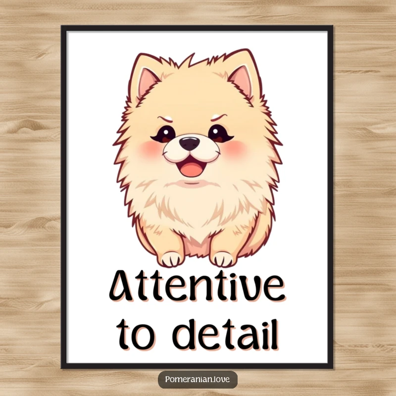 Funny poster print of a joyful Pomeranian with ears perked, listening intently, attentive wall art, a gift.