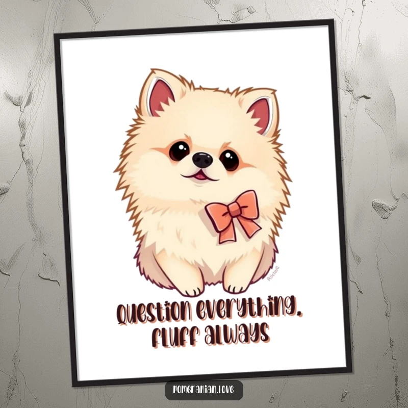 Funny Pomeranian poster of a dog in a tiny bow tilting its head curiously, bringing an element of charming mystery to wall decor.