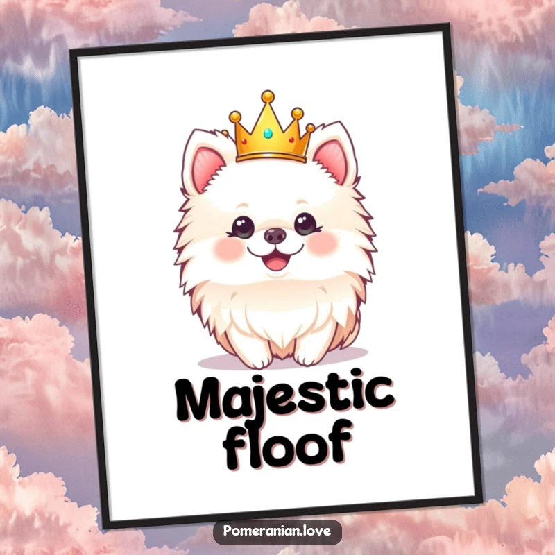 Funny poster art of a cheerful Pomeranian dog wearing a tiny crown, bringing royal humor to walls.