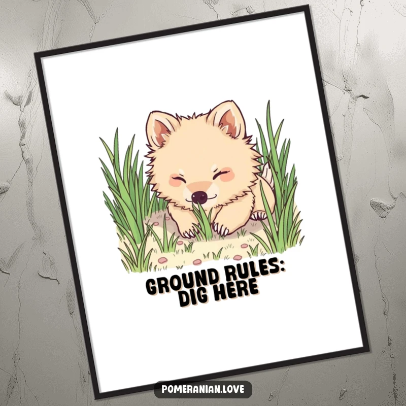 Funny Pomeranian poster showing a fluffy dog happily digging its nose into soft grass, capturing a moment of pure canine bliss.