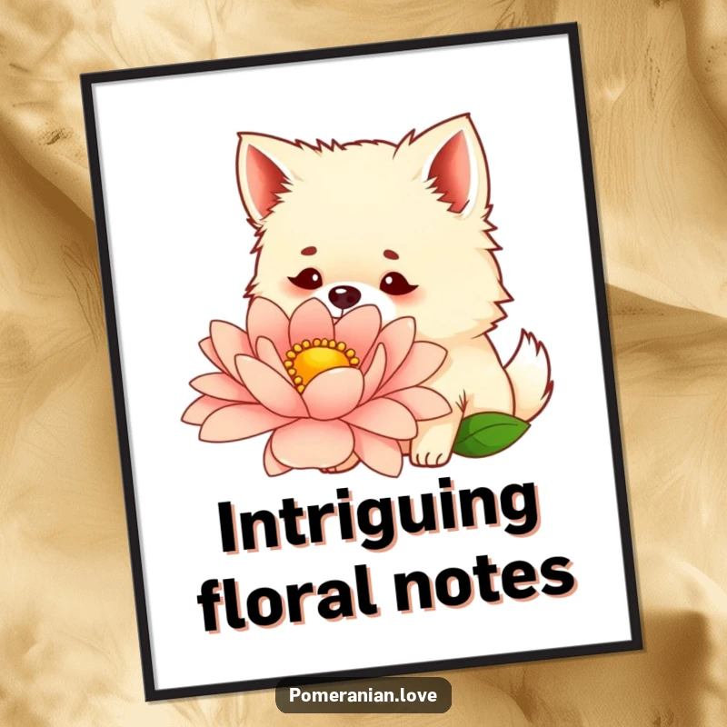 Funny poster of a curious Pomeranian with perked ears sniffing a huge, colorful flower, bringing joy to any room.
