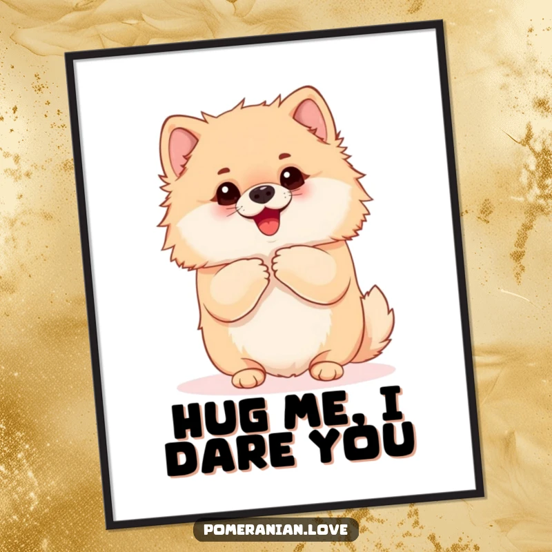 Funny Pomeranian poster depicting an eager dog yapping and clearly begging for a hug. Adds a humorous touch of affection and cuteness to decor.