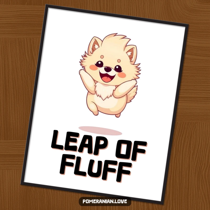 Funny Pomeranian poster capturing a happy, fluffy-maned dog mid-spirited jump, radiating pure excitement and visual delight.