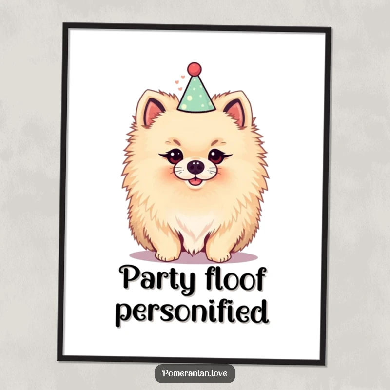 Funny poster print of a fluffy Pomeranian dog wearing a party hat, creating a festive and humorous visual for any space.