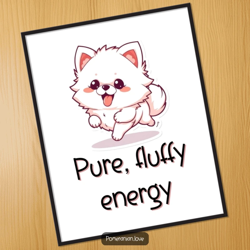 Funny Poster: A fluffy Pomeranian character running with its tongue out, radiating pure canine happiness.