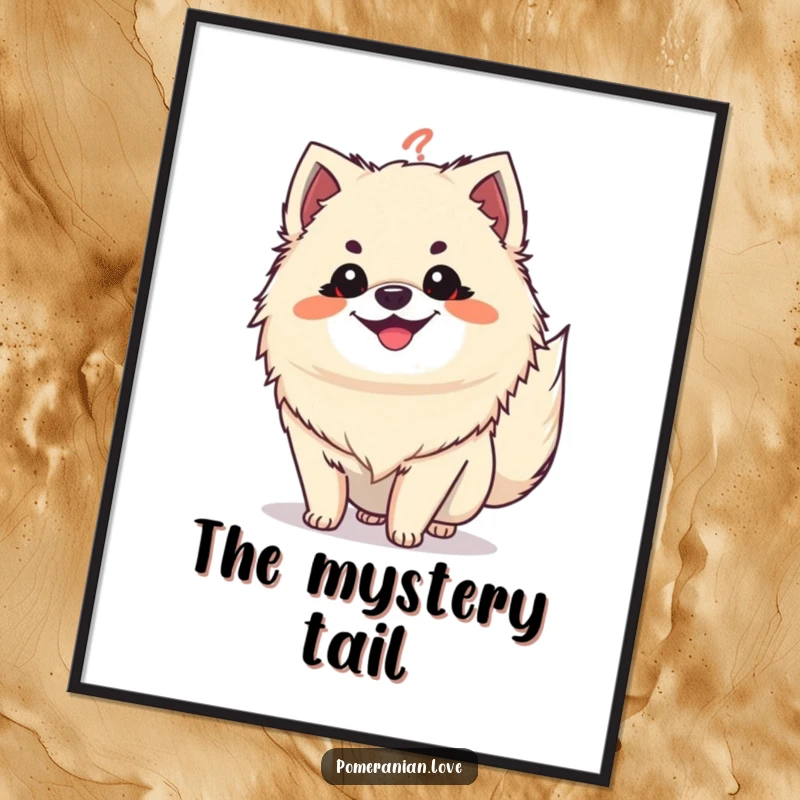 Funny Pomeranian question tail poster, a grinning dog with tail held high like a question mark, creating humorous intrigue.