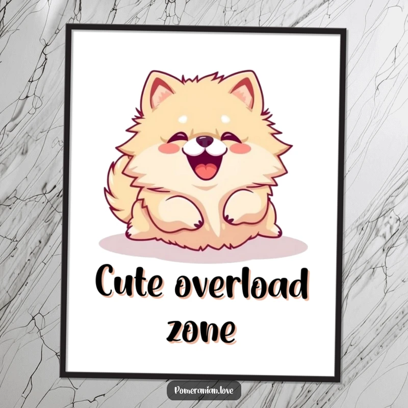 Funny Pomeranian dog rolling over with a joyful yip depicted in a vibrant poster, ideal for wall decor.