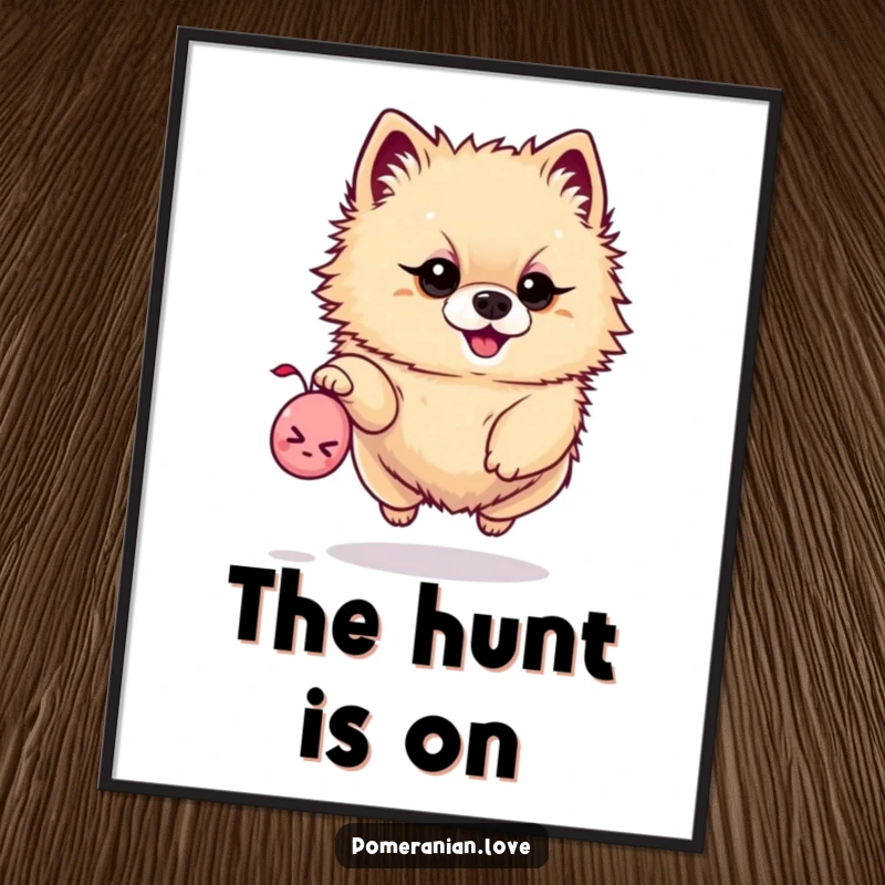 Funny poster of a determined Pomeranian leaping mid-air to catch a tiny squeaky toy, full of energy.