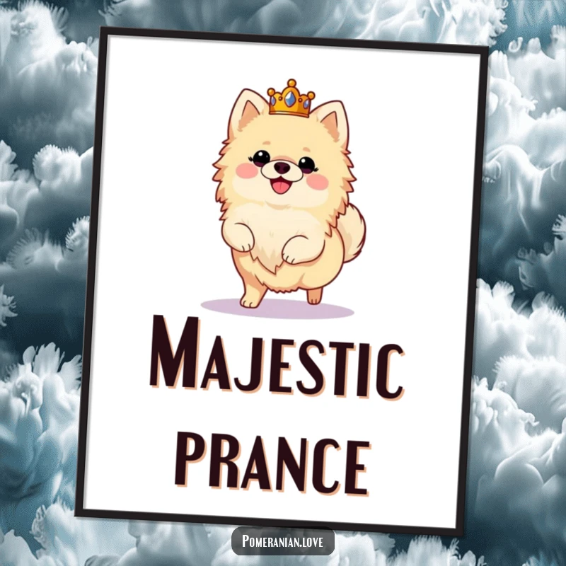 Funny poster print of a fluffy Pomeranian wearing a crown and prancing joyfully, creating majestic and humorous wall art.
