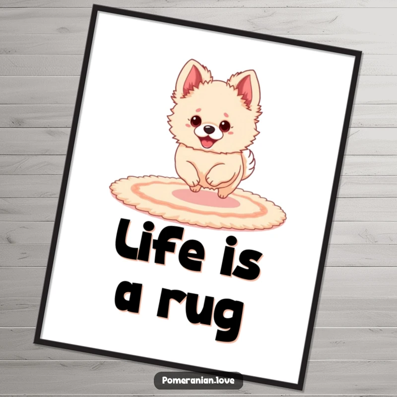 Funny Pomeranian with large ears energetically bouncing on a rug, depicted as charming wall art.