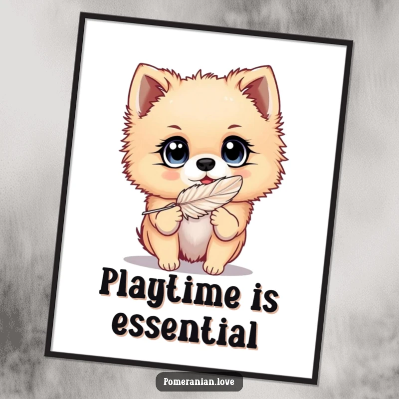 Funny Pomeranian poster of a dog with big, bright eyes playing with a feather, capturing a moment of pure, unadulterated fun.