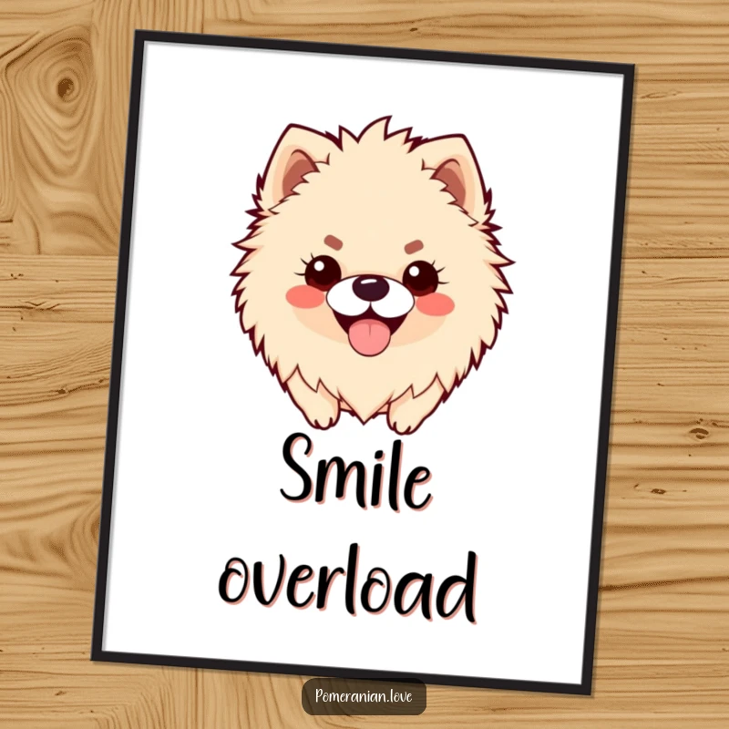 Funny poster print of a fluffy Pomeranian with a wide, happy panting smile, bringing joy and humor home.