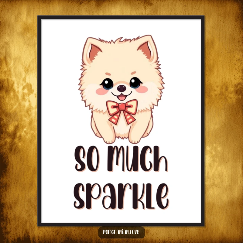 Funny poster print of a cheerful Pomeranian wearing a festive bow, joyful and humorous wall art, a gift.